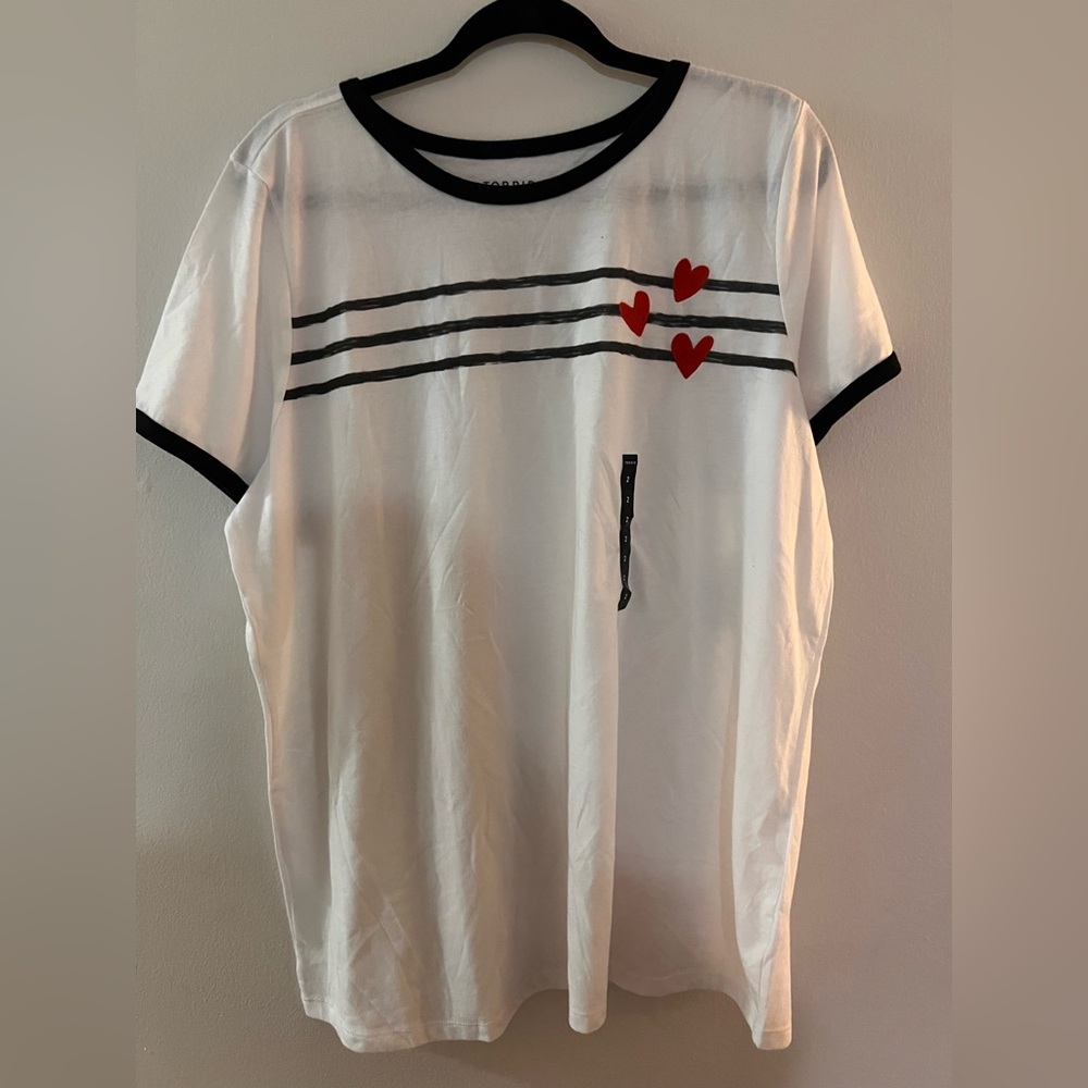 Torrid White Tee with Black Trim and Red Heart Accents